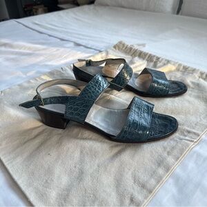 Gravati Vintage Slingback Strap Leather Block Heel Sandals blue Croc Open Toe